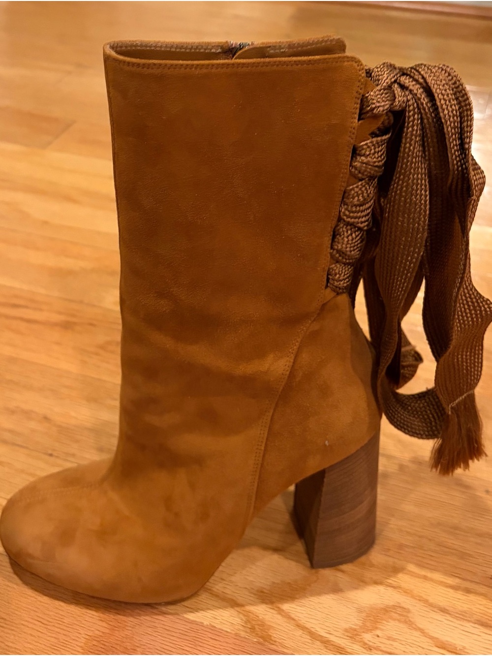 CHLOE Women’s Suede Mid-calf Boot with Lace Up Back Detail, Sz 40